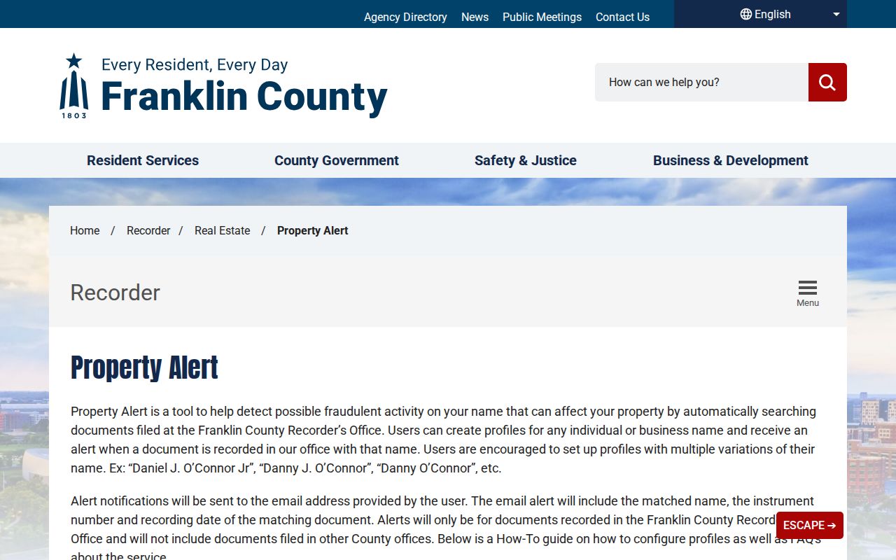 Washington Township previous residents Franklin County Recorder Property Alert page