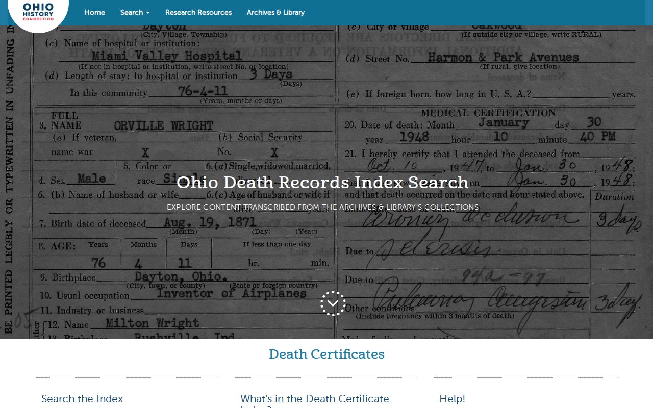 Washington Township previous residents Ohio death record index search